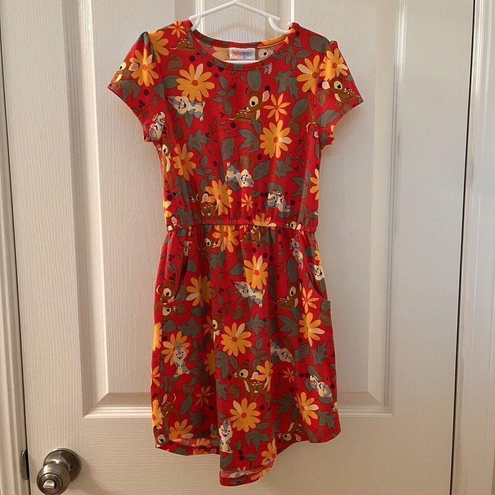 Lularoe Disney Bambi Thumper Mae Dress Red Floral Pockets Girls Size 8